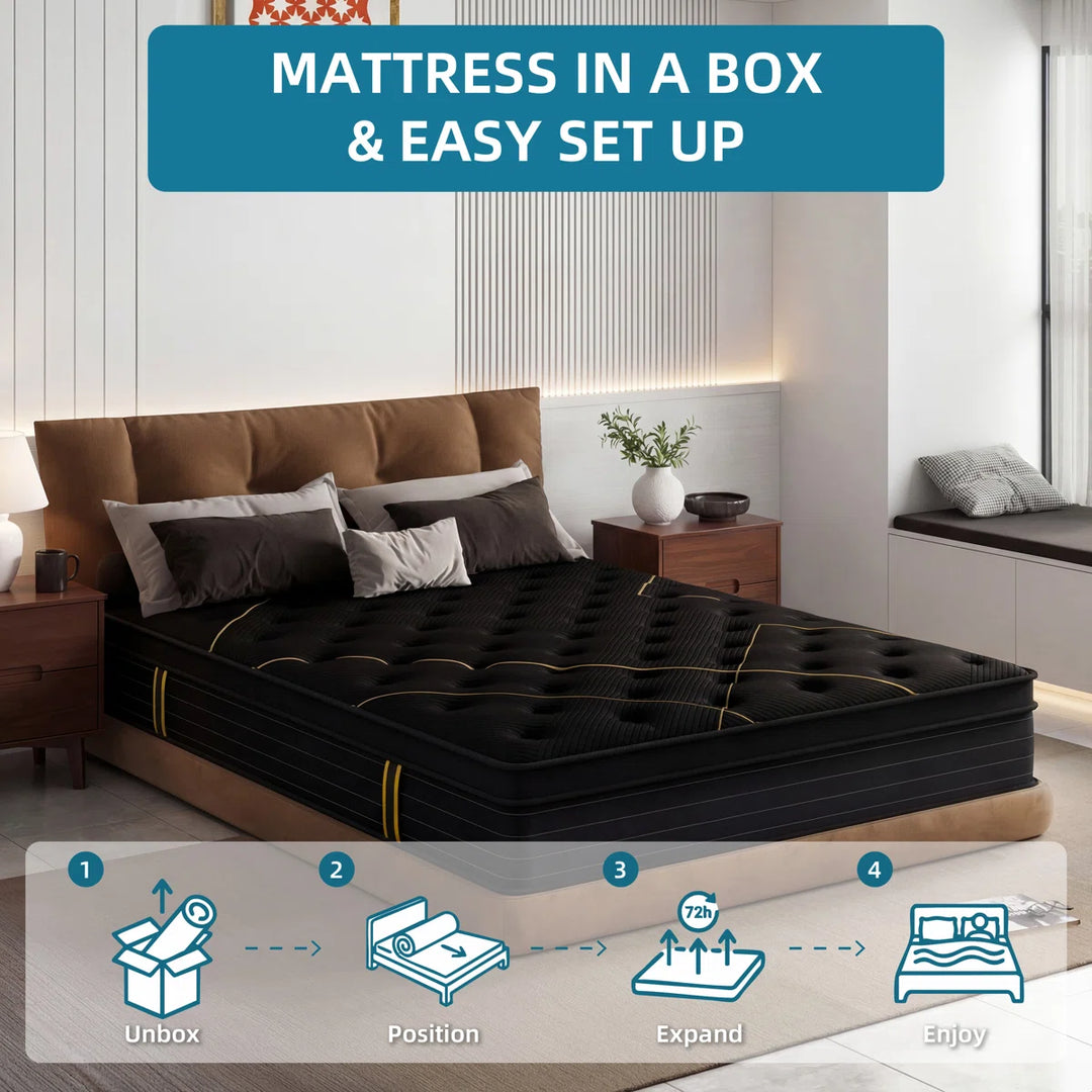 14 Inch Black Gilded Collection Medium Firm Pillow Top Hybrid Mattress Mattress in a Box