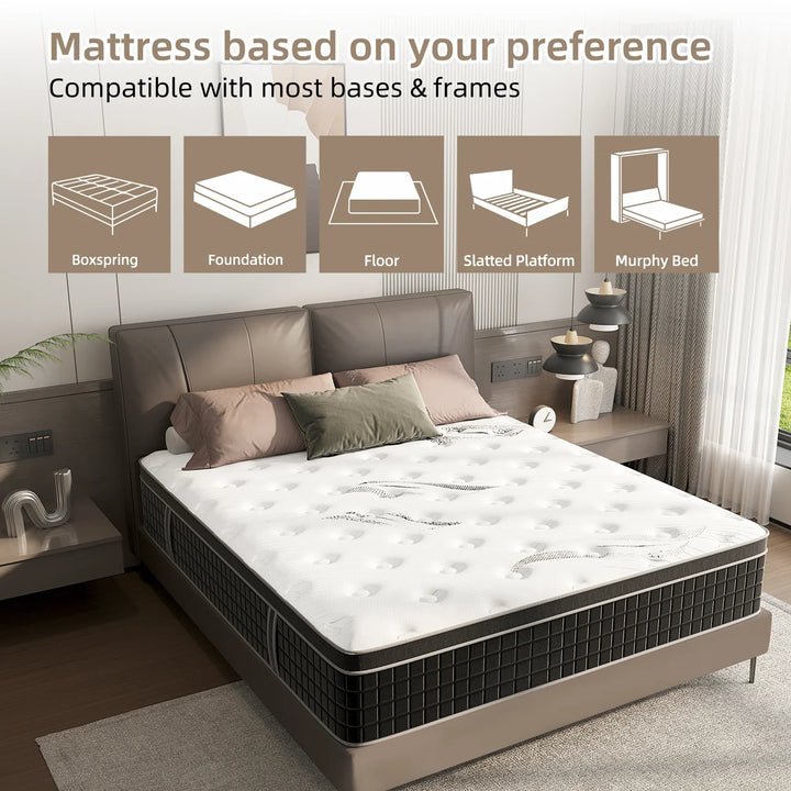 12 inch Feather Print Medium Firm Hybrid Pocket Spring Memory Foam Mattresses In a Box