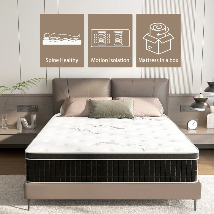 12 inch Feather Print Medium Firm Hybrid Pocket Spring Memory Foam Mattresses In a Box