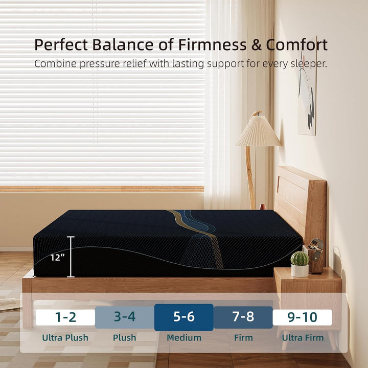 12 Inch, Gel Memory Foam Full Size Mattresses, Activated Charcoal Infused, Black