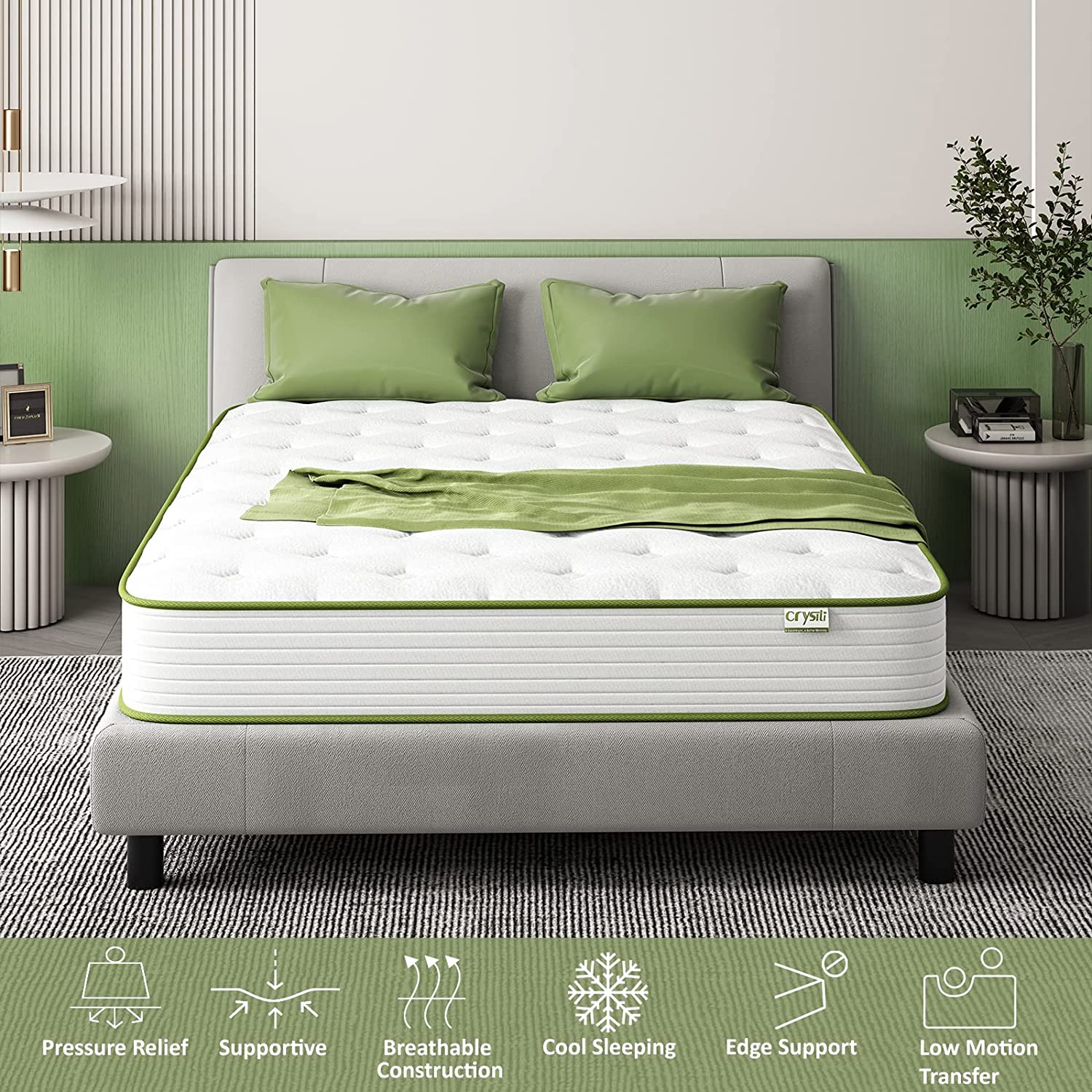 Big Promotion Crystli Green Avocado Collection 12 Inch Hybrid Mattress (US)