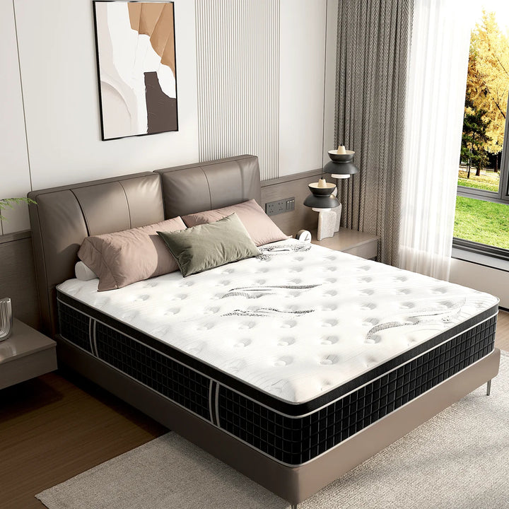 12 inch Feather Print Medium Firm Hybrid Pocket Spring Memory Foam Mattresses In a Box