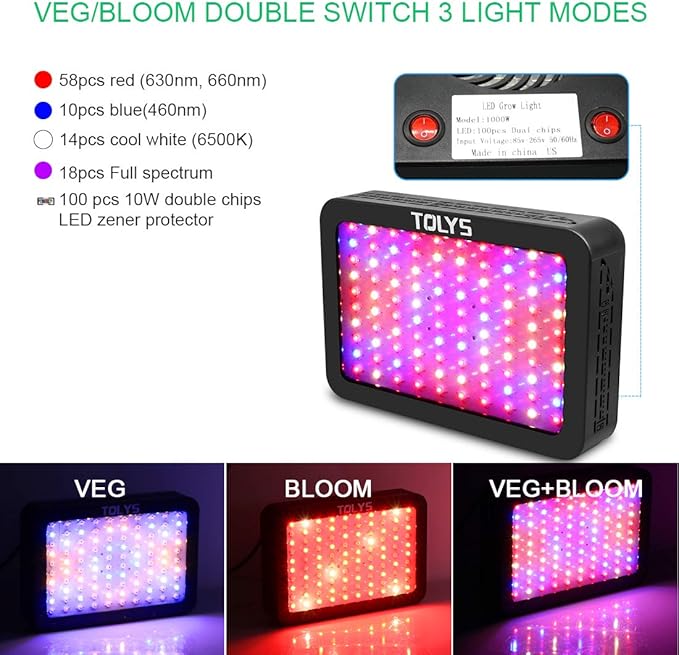 TOLYS 1000W LED Grow Light for Indoor Plants, Full Spectrum Dual Chip Design Growing Lamps, Double Switch Veg and Bloom Buttons, with Timer and Thermometer Humidity Monitor, with Adjustable Rope