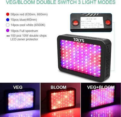 TOLYS 1000W LED Grow Light for Indoor Plants, Full Spectrum Dual Chip Design Growing Lamps, Double Switch Veg and Bloom Buttons, with Timer and Thermometer Humidity Monitor, with Adjustable Rope