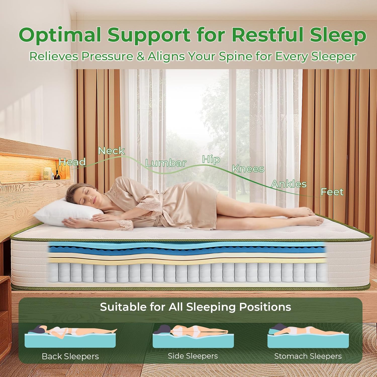 Big Promotion Crystli Green Avocado Collection 10 Inch Hybrid Mattress with Cooling Tencel Fabric