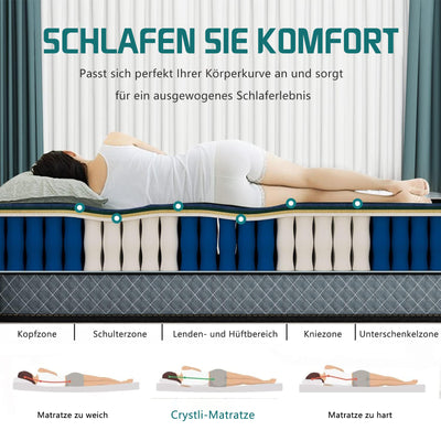 Crystli Matratze 90x200 7-Zonen Hybridmatratze für Druckentlastung und kühleren Schlaf Federkernmatratze, Härtegrad H3 mit exzellenter Punktelastizität, Matratzen Höhe 21 cm